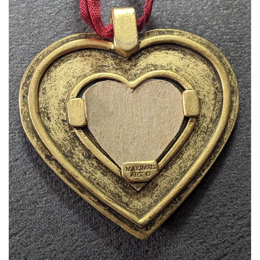 Vintage Maximal Art Heart Frame Ornament Gold Plated Pewter Handing Red Stones